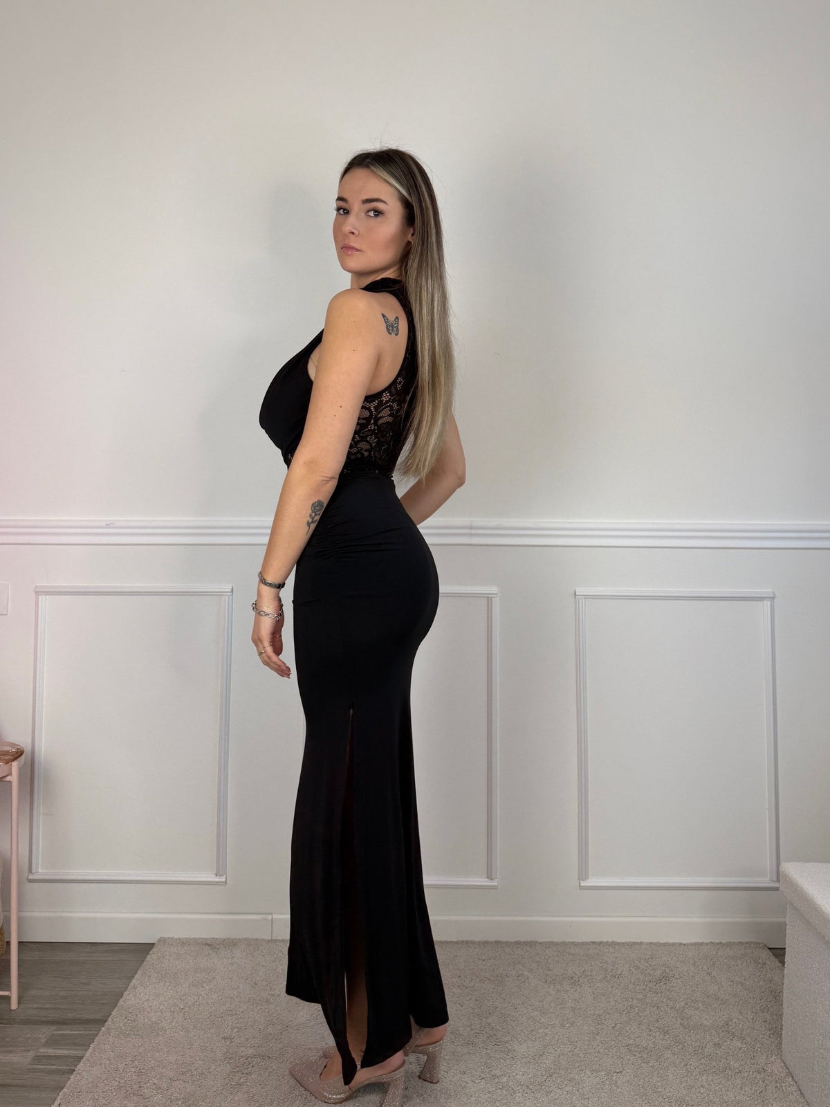 Vestito lungo in raso con top in pizzo e scollo drappeggiato - Follie by Alice