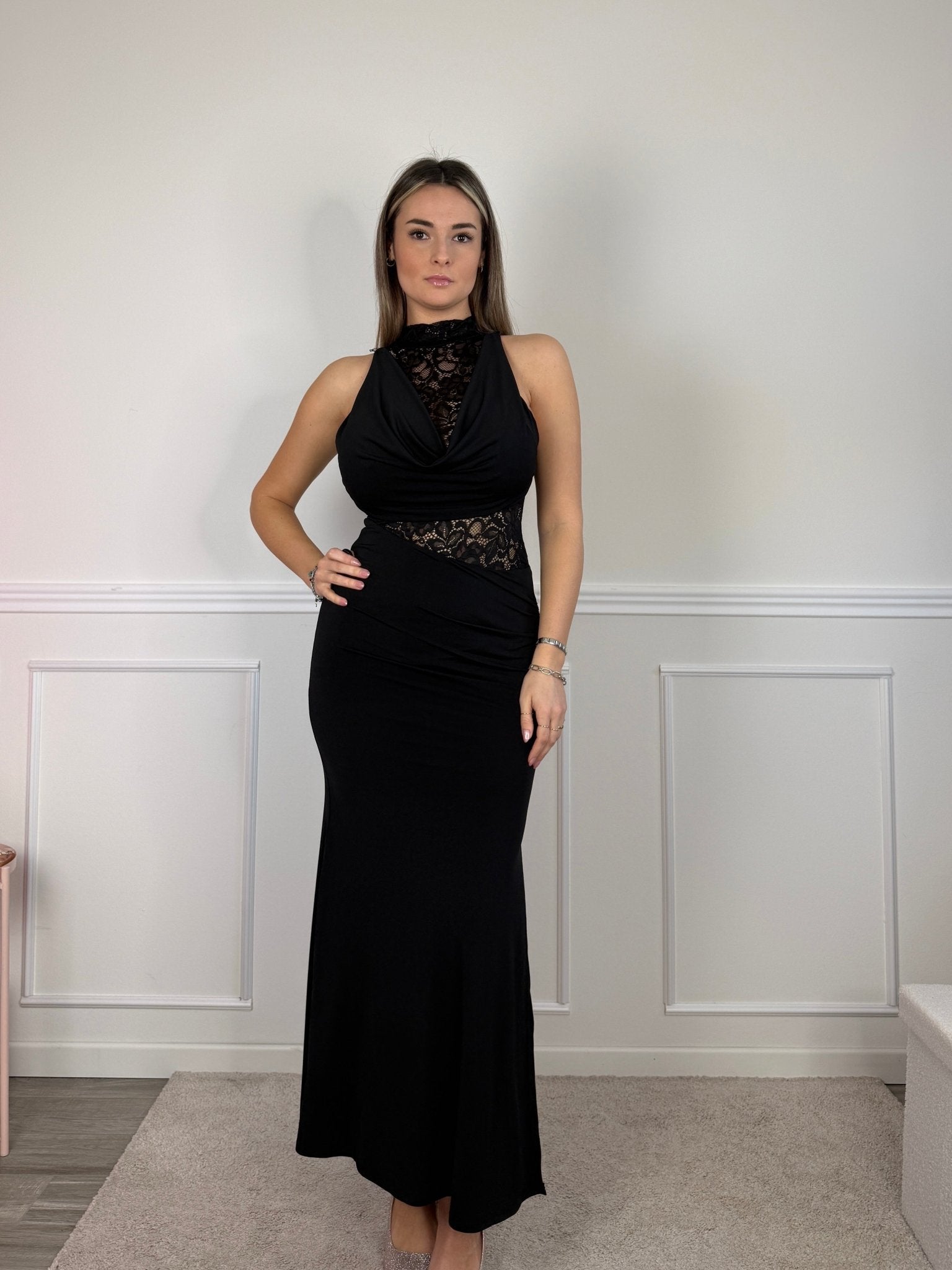 Vestito lungo in raso con top in pizzo e scollo drappeggiato - Follie by Alice