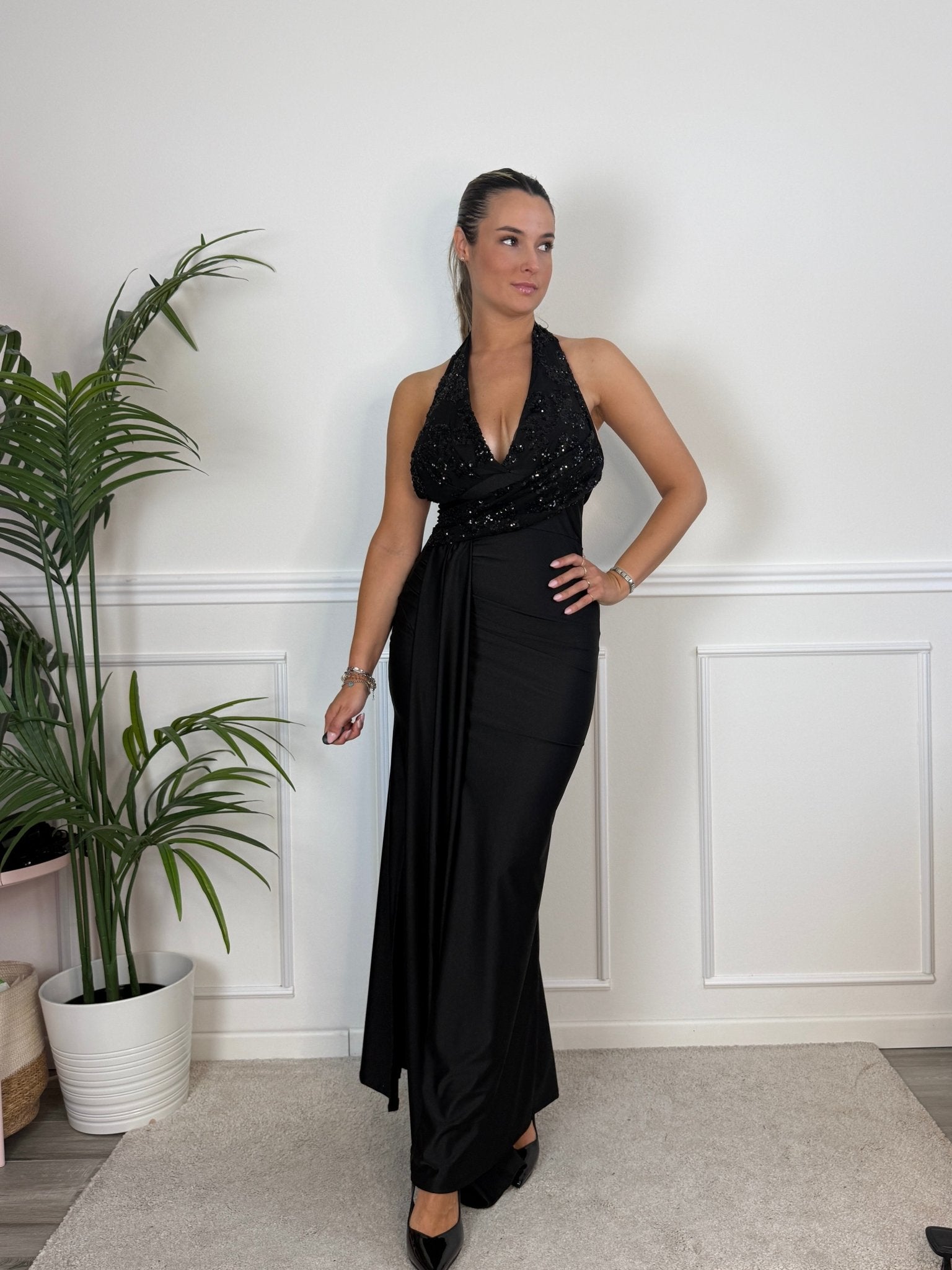 Vestito lungo in raso con top paillettes NOTTE - Follie by Alice