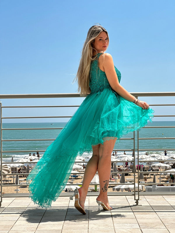 Vestito lungo in tulle con corpetto in pizzo con perline gioiello - Follie by Alice