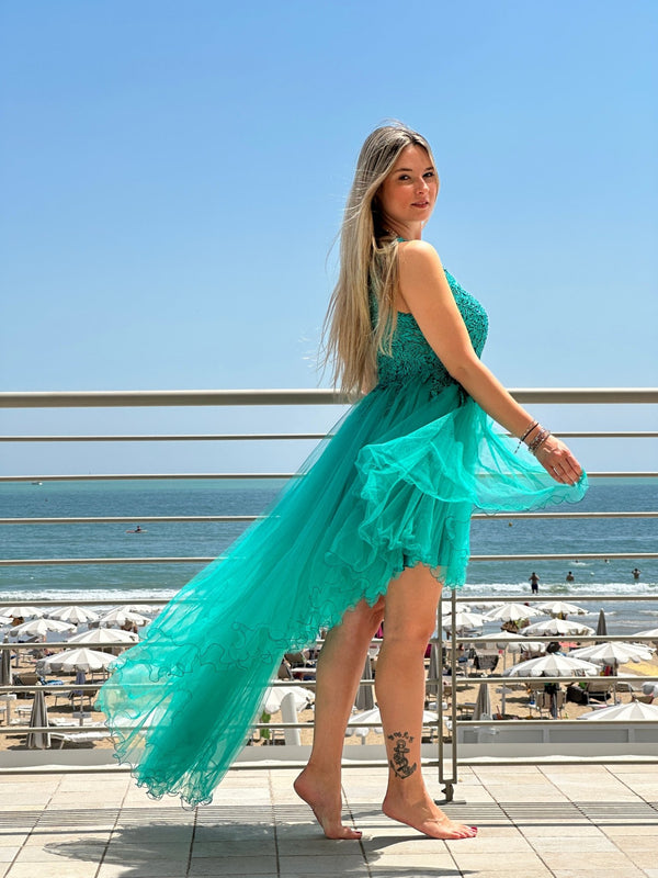Vestito lungo in tulle con corpetto in pizzo con perline gioiello - Follie by Alice