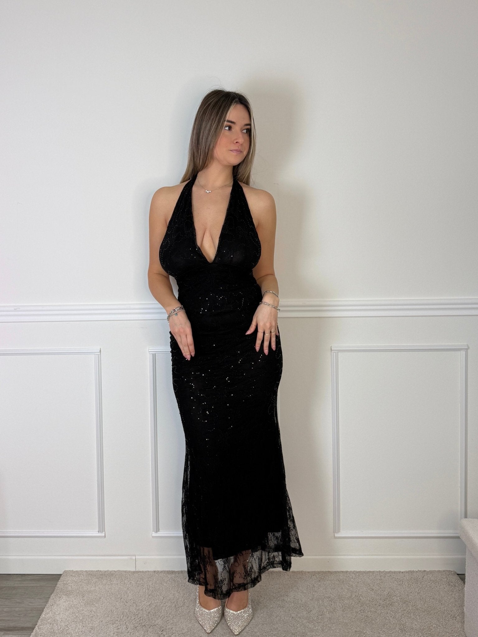 Vestito lungo in tulle con paillettes e schiena scoperta - Follie by Alice