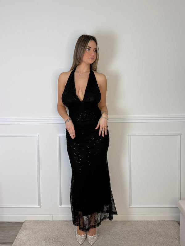 Vestito lungo in tulle con paillettes e schiena scoperta - Follie by Alice
