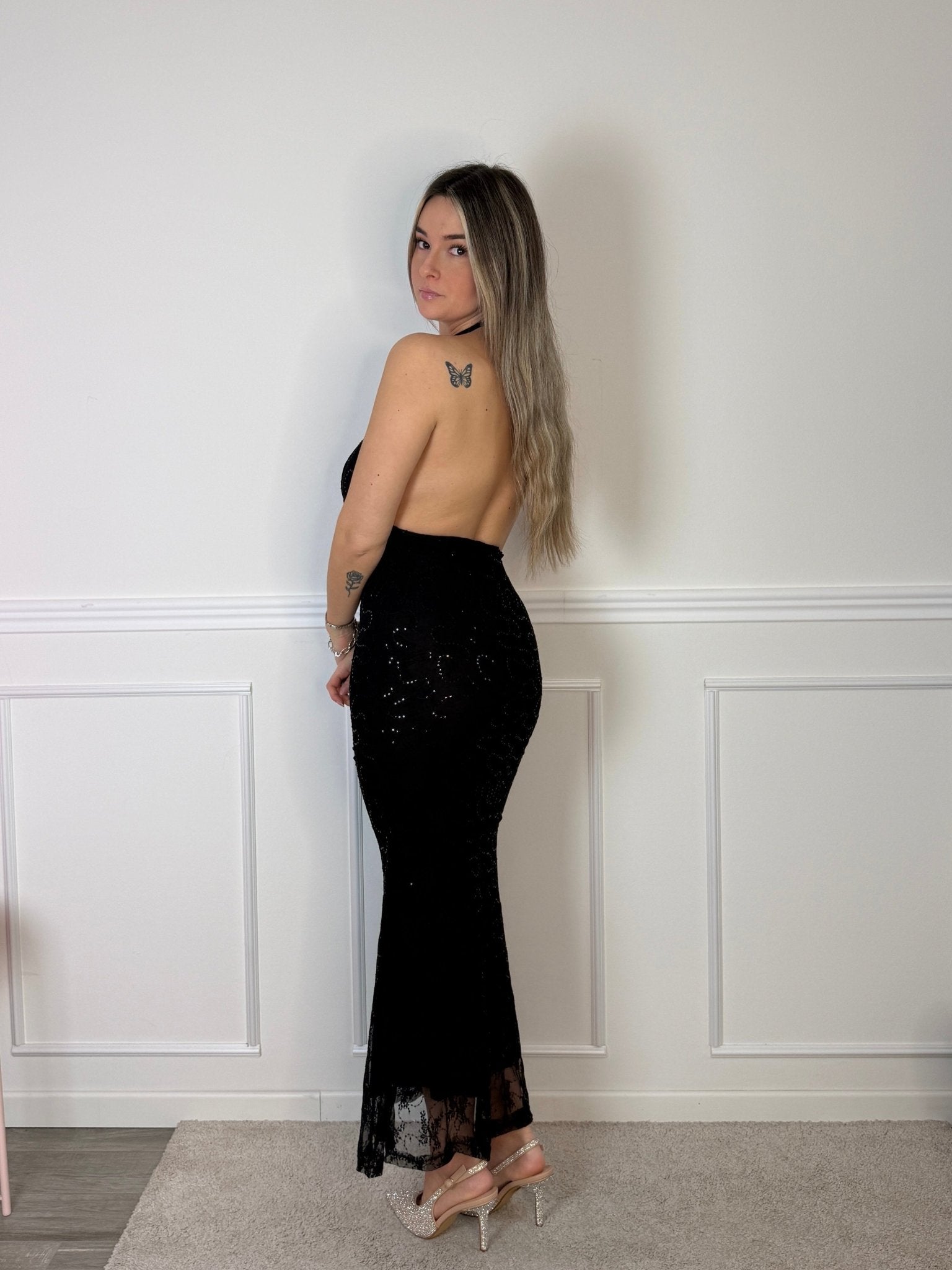 Vestito lungo in tulle con paillettes e schiena scoperta - Follie by Alice
