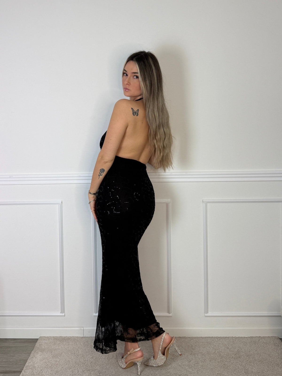 Vestito lungo in tulle con paillettes e schiena scoperta - Follie by Alice