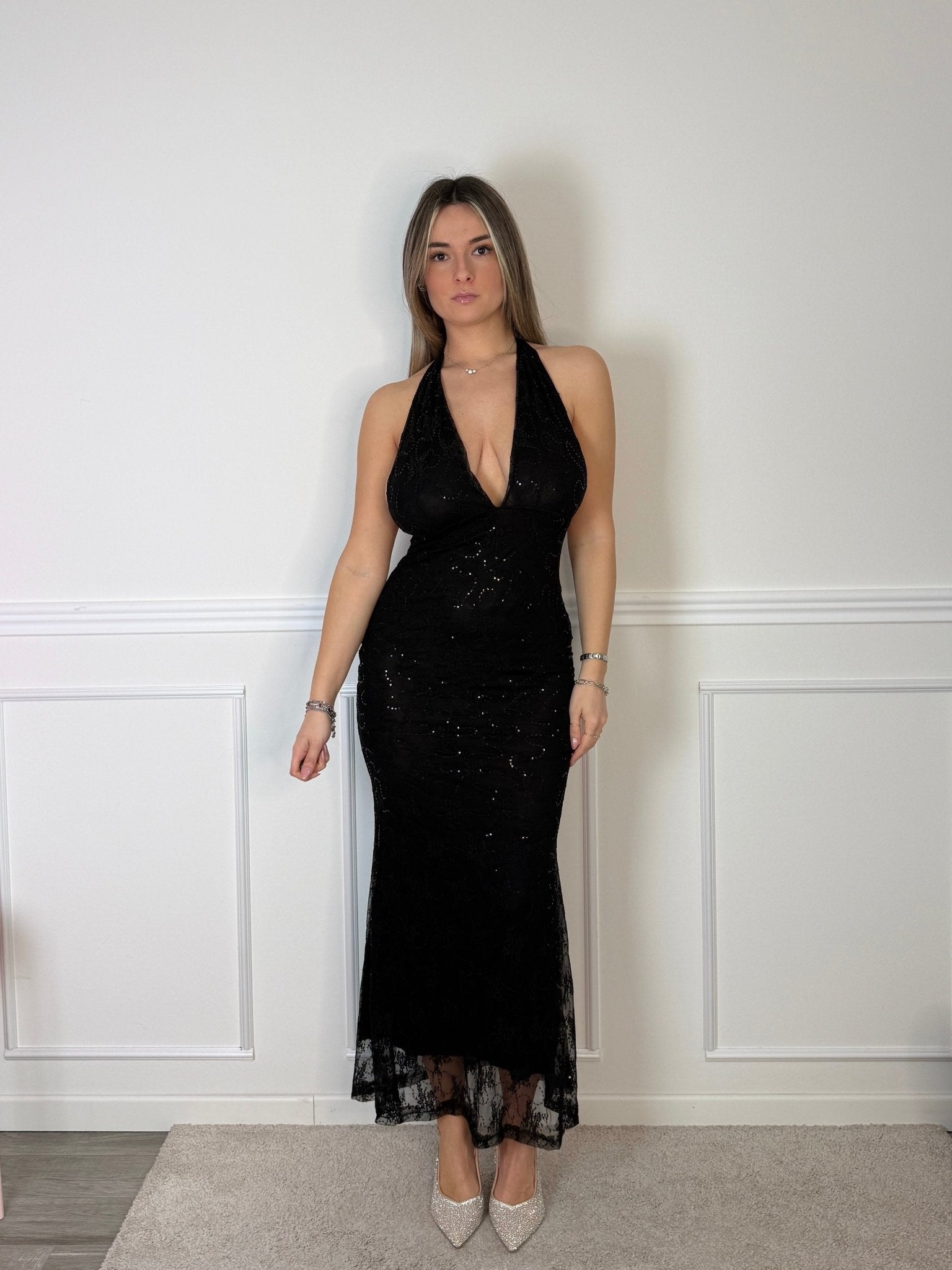 Vestito lungo in tulle con paillettes e schiena scoperta - Follie by Alice