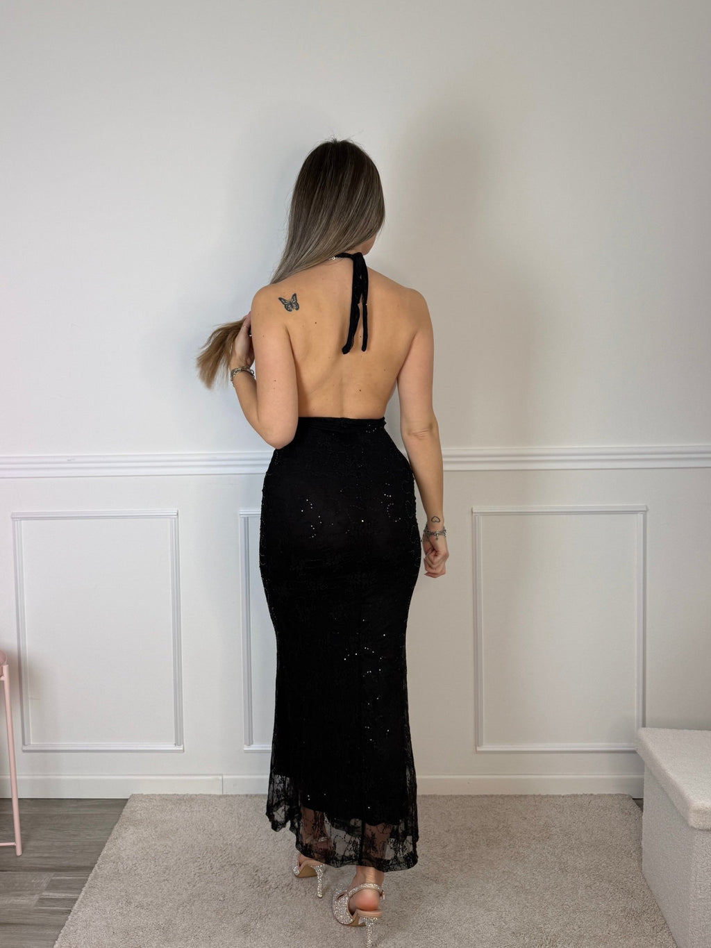 Vestito lungo in tulle con paillettes e schiena scoperta - Follie by Alice