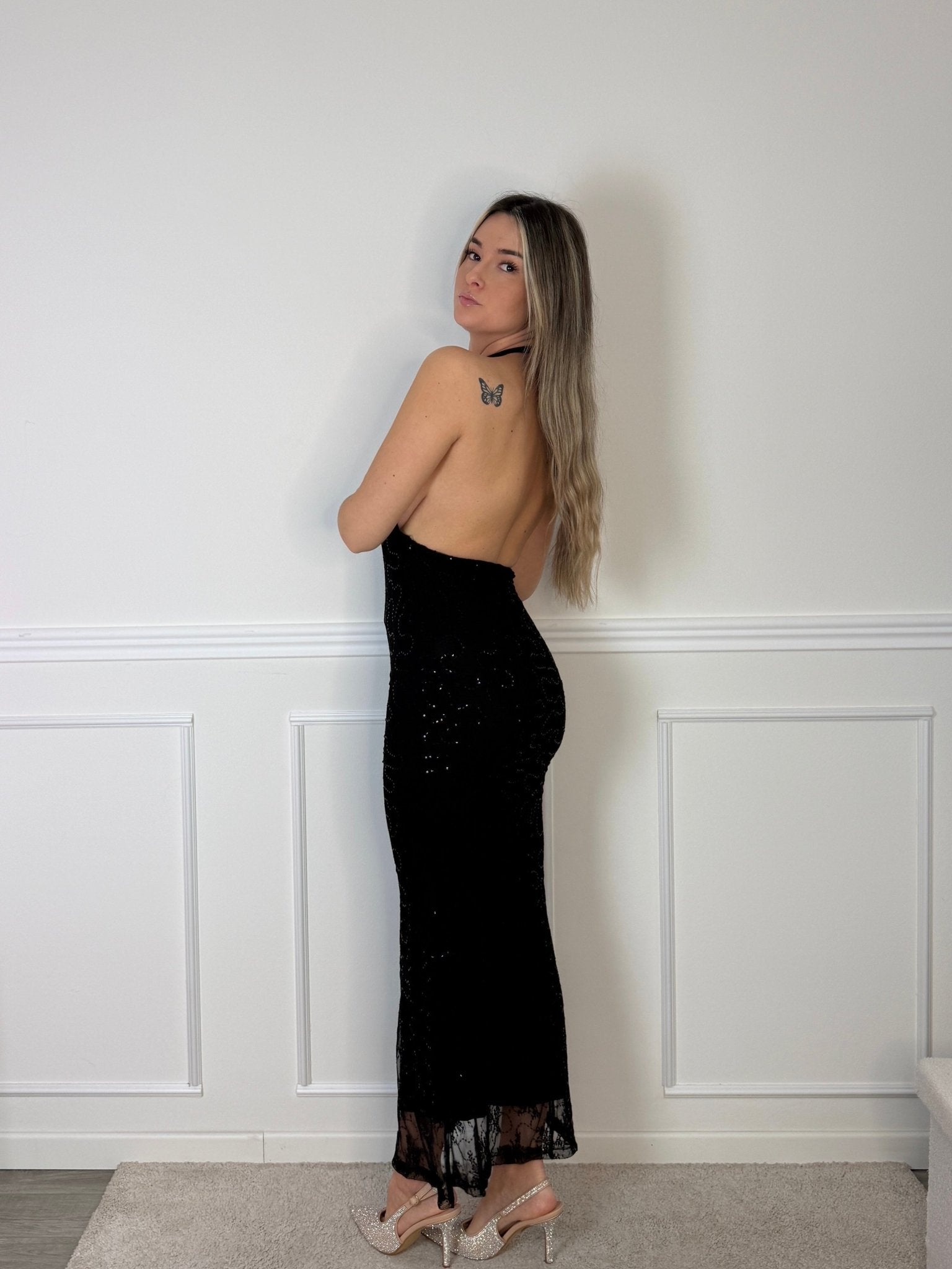 Vestito lungo in tulle con paillettes e schiena scoperta - Follie by Alice
