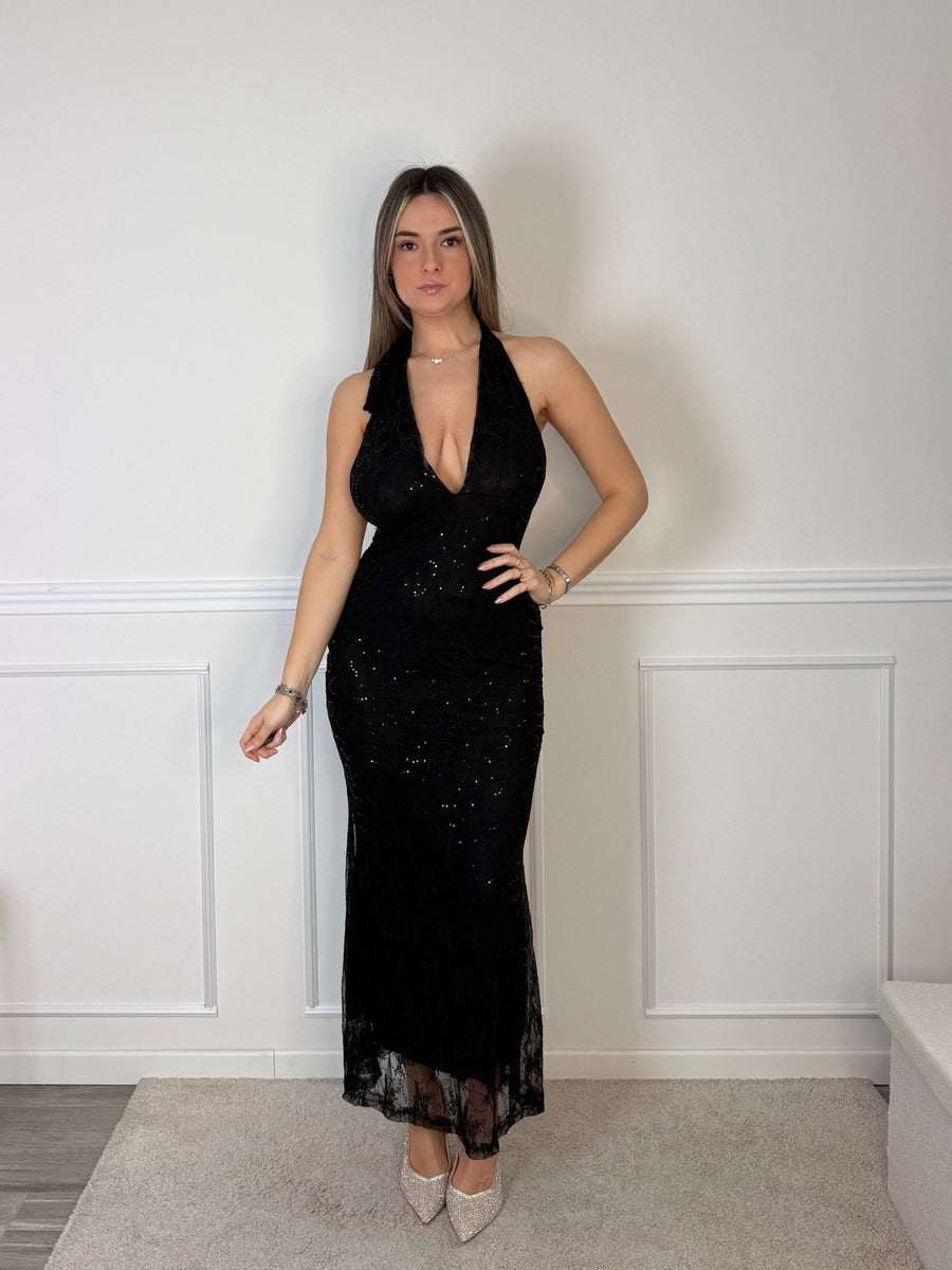 Vestito lungo in tulle con paillettes e schiena scoperta – alternate