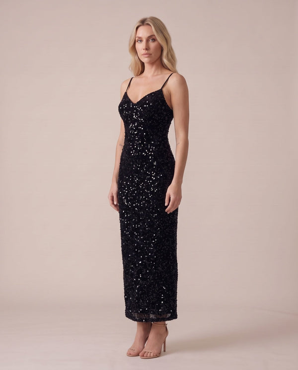 Vestito lungo in velluto con paillettes all-over NOTTURNA - Follie by Alice