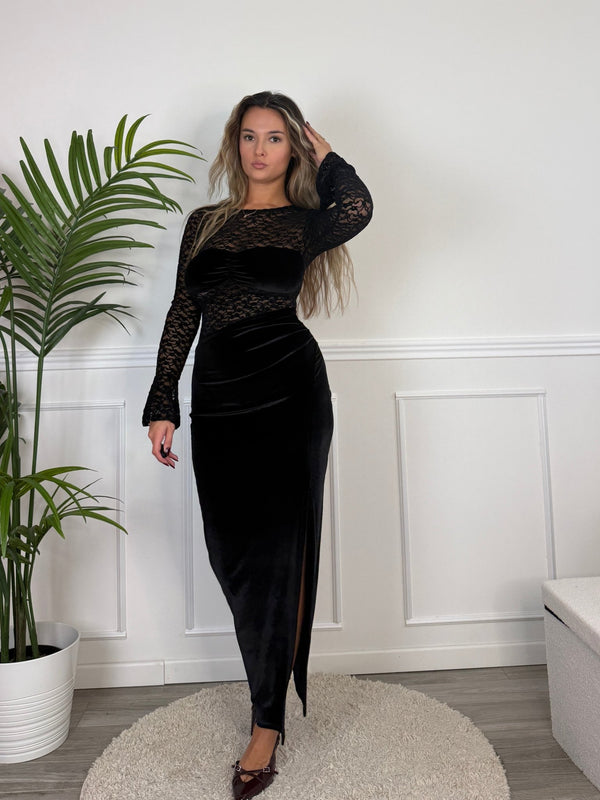 Vestito lungo in velluto con ricami in pizzo ISOTTA - Follie by Alice