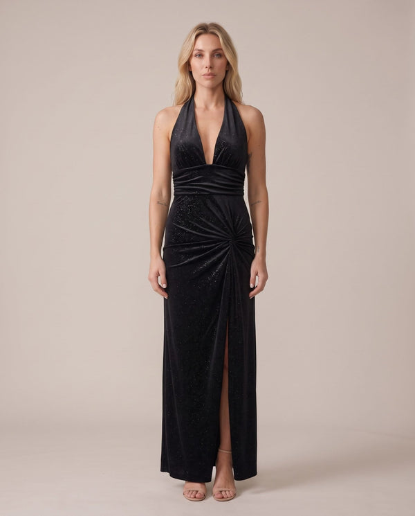 Vestito lungo in velluto glitterato con collo halter IRIDE - Follie by Alice