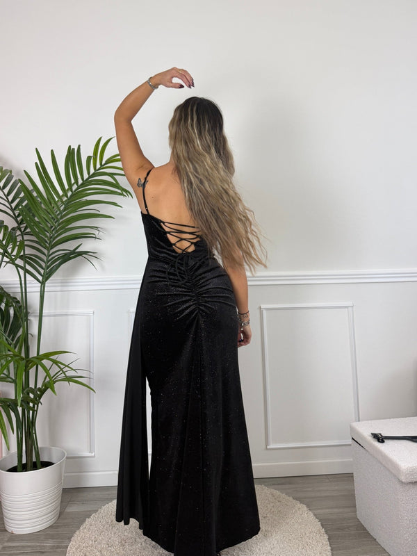 Vestito lungo in velluto glitterato con fusciacca ORIONE - Follie by Alice