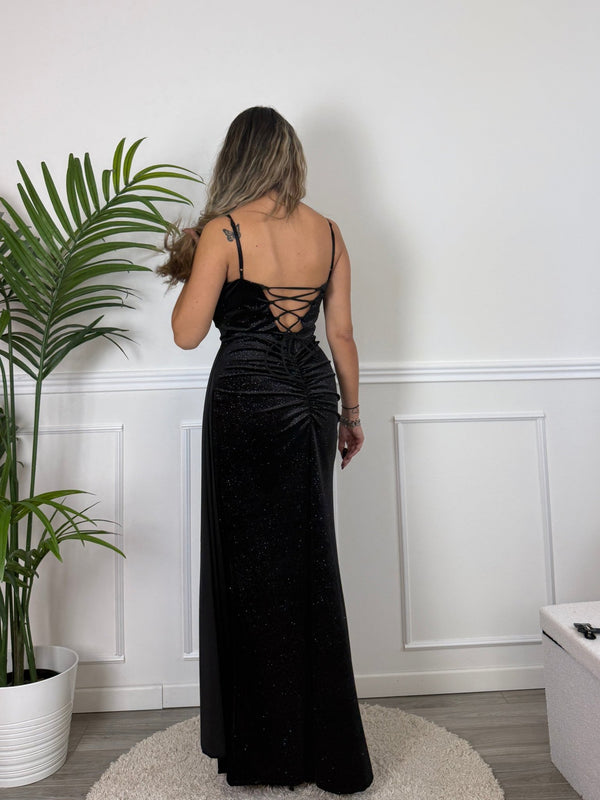 Vestito lungo in velluto glitterato con fusciacca ORIONE - Follie by Alice