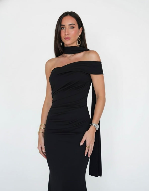 Vestito lungo monospalla a fascia con fusciacca choker - Follie by Alice