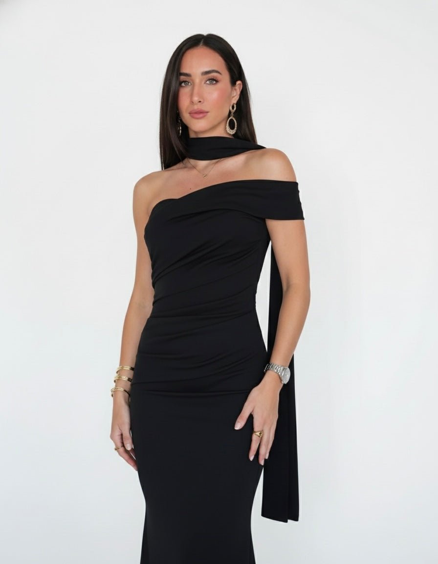 Vestito lungo monospalla a fascia con fusciacca choker – alternate