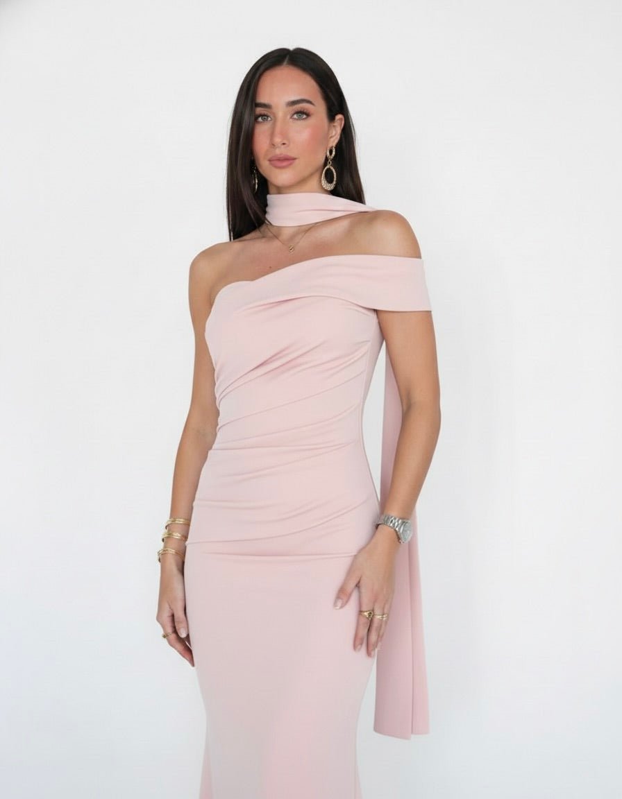 Vestito lungo monospalla a fascia con fusciacca choker - Follie by Alice