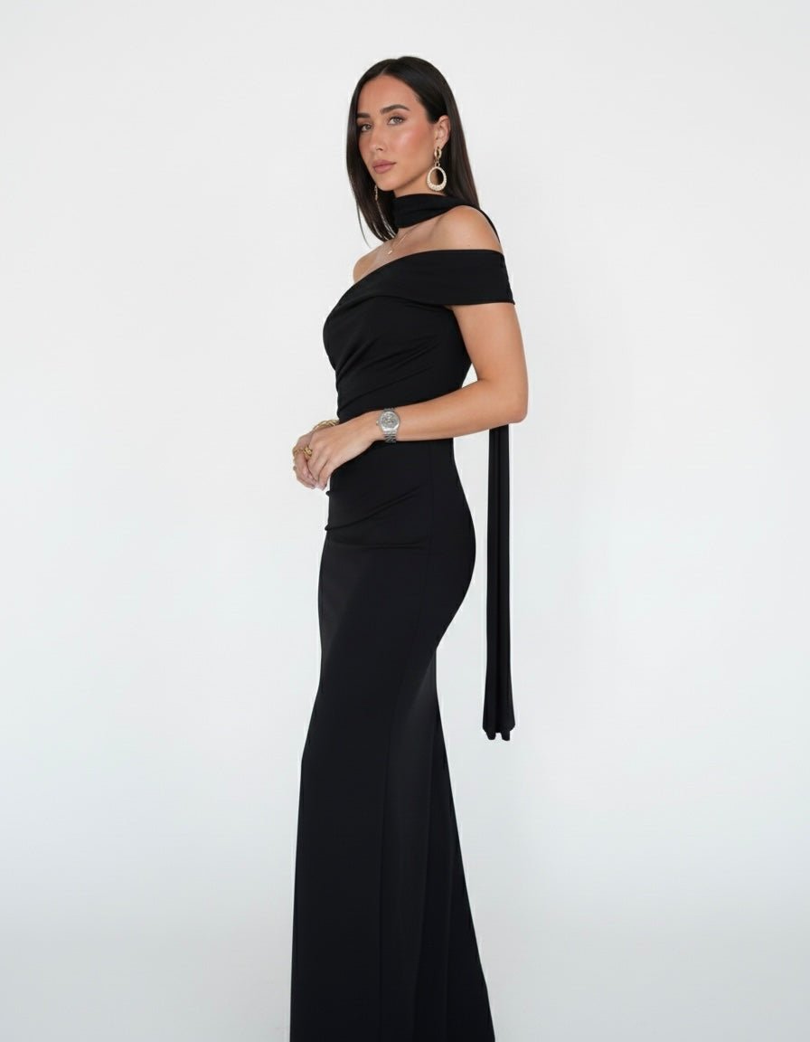 Vestito lungo monospalla a fascia con fusciacca choker - Follie by Alice