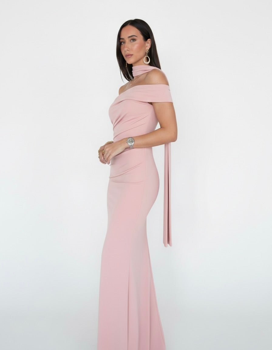 Vestito lungo monospalla a fascia con fusciacca choker - Follie by Alice