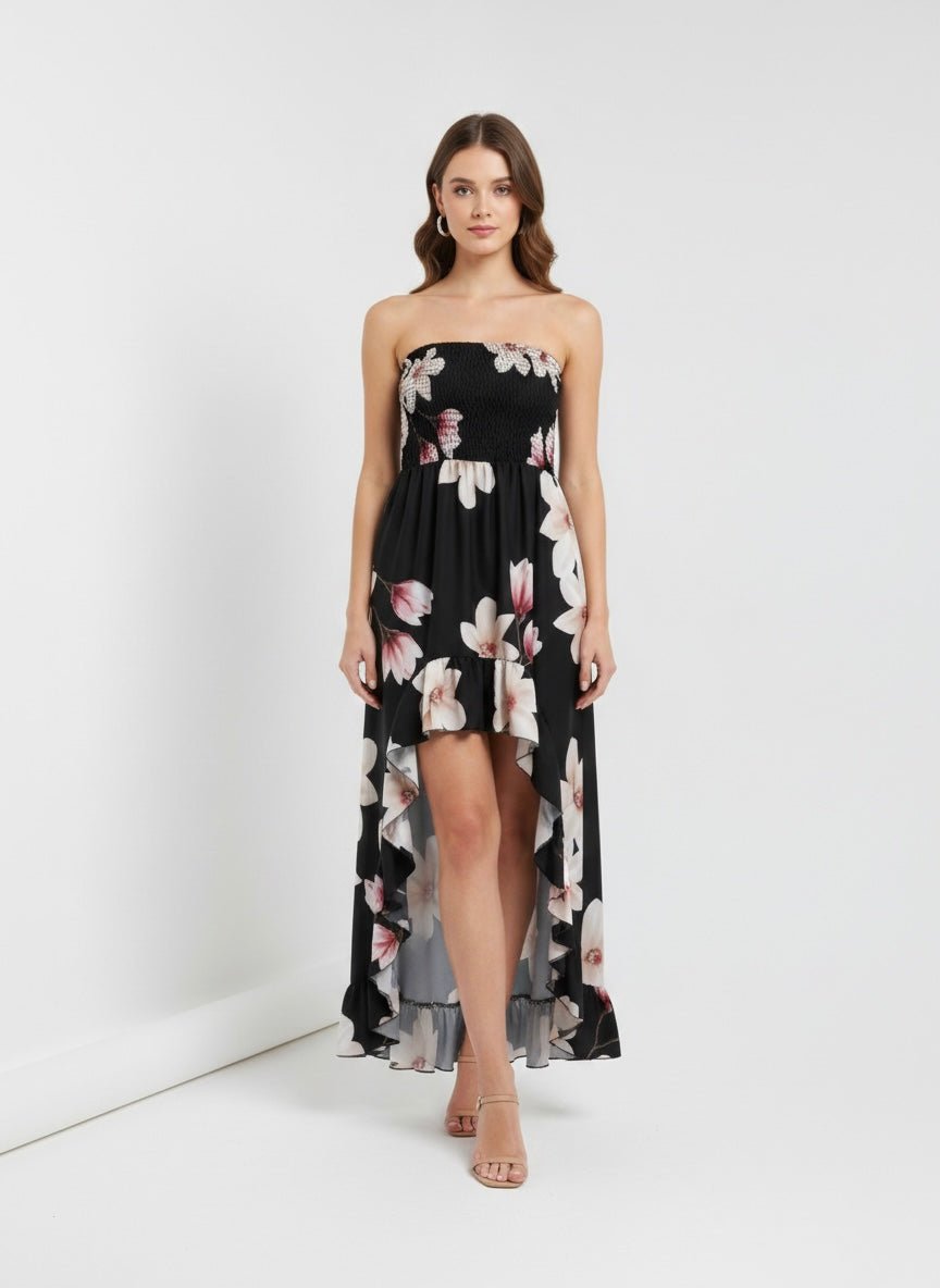 Vestito lungo nero elasticizzato con stampa floreale - Follie by Alice
