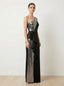 Vestito lungo nero in raso con brillanti argento e spacco - Follie by Alice