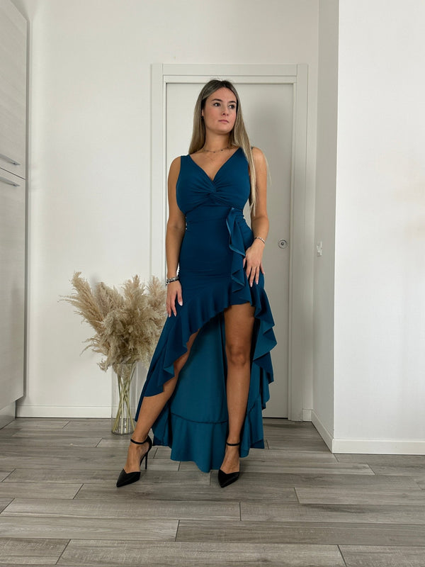 Vestito lungo smanicato con nodo, spacco e ruches - Follie by Alice