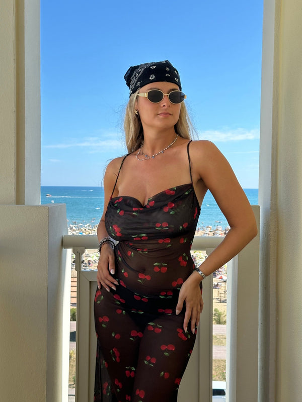 Vestito lungo velato con ciliegie, schiena scoperta e laccetti - Follie by Alice