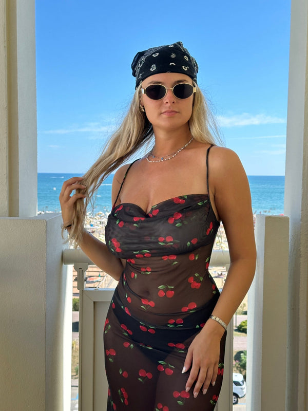 Vestito lungo velato con ciliegie, schiena scoperta e laccetti - Follie by Alice