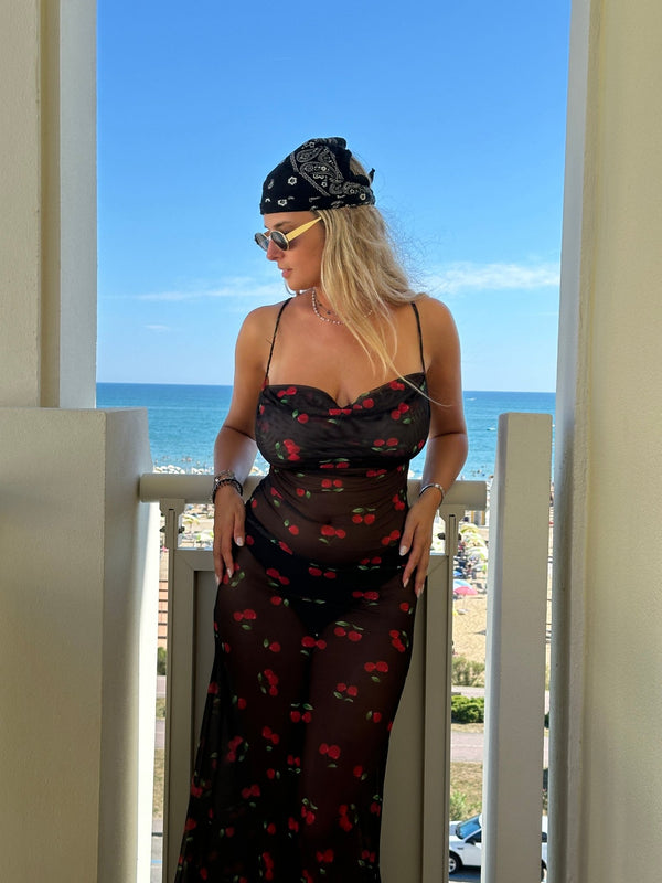Vestito lungo velato con ciliegie, schiena scoperta e laccetti - Follie by Alice