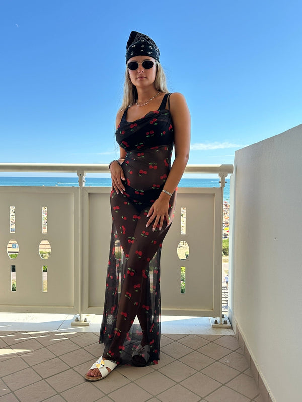 Vestito lungo velato con ciliegie, schiena scoperta e laccetti - Follie by Alice
