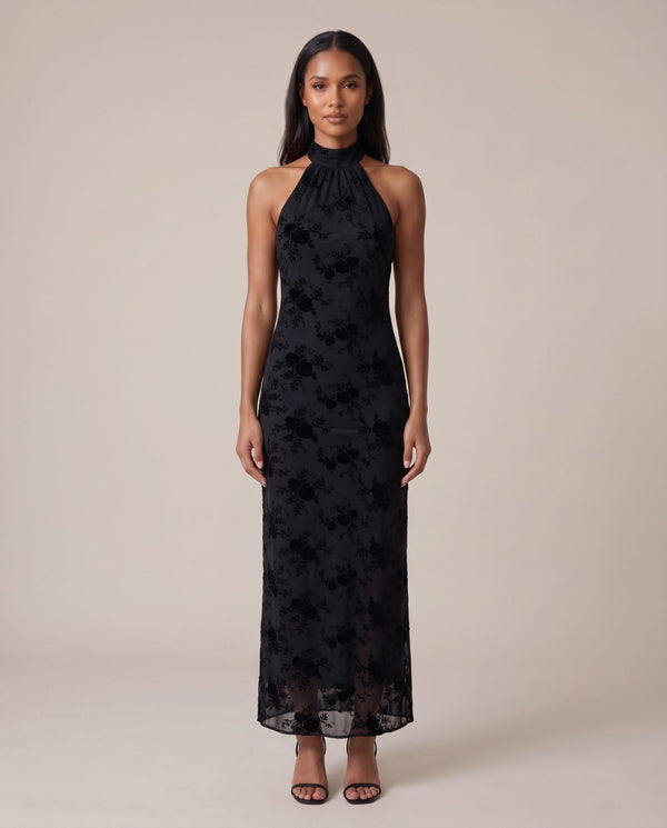 Vestito lungo velato con collo halter e ricami in pizzo di velluto SIENNA - Follie by Alice
