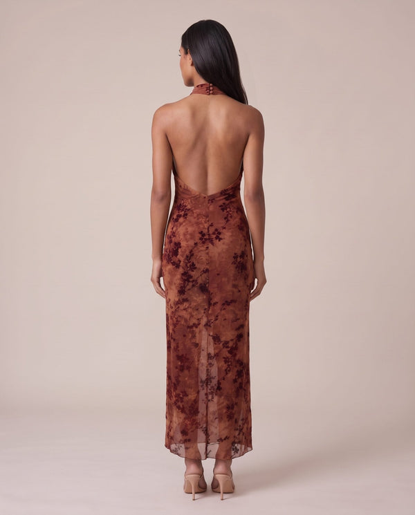 Vestito lungo velato con collo halter e ricami in pizzo di velluto SIENNA - Follie by Alice