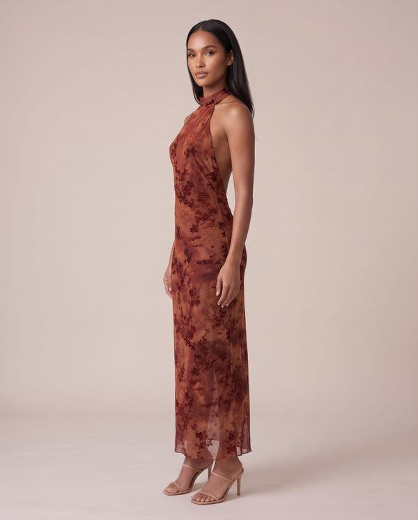 Vestito lungo velato con collo halter e ricami in pizzo di velluto SIENNA - Follie by Alice