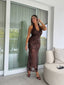 Vestito lungo velato con paillettes floreali, scollo all'americana e schiena scoperta - Follie by Alice