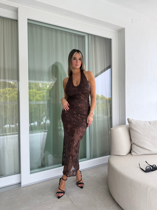 Vestito lungo velato con paillettes floreali, scollo all'americana e schiena scoperta - Follie by Alice