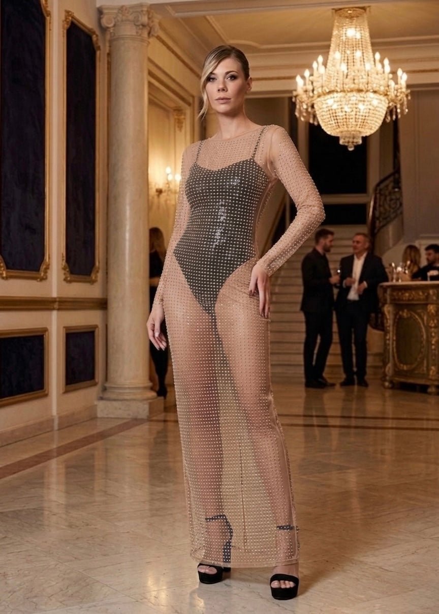 Vestito lungo velato con strass all-over GALA - Follie by Alice
