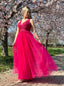Abito fucsia con gonna in tulle, ricami in pizzo e perline - Follie by Alice