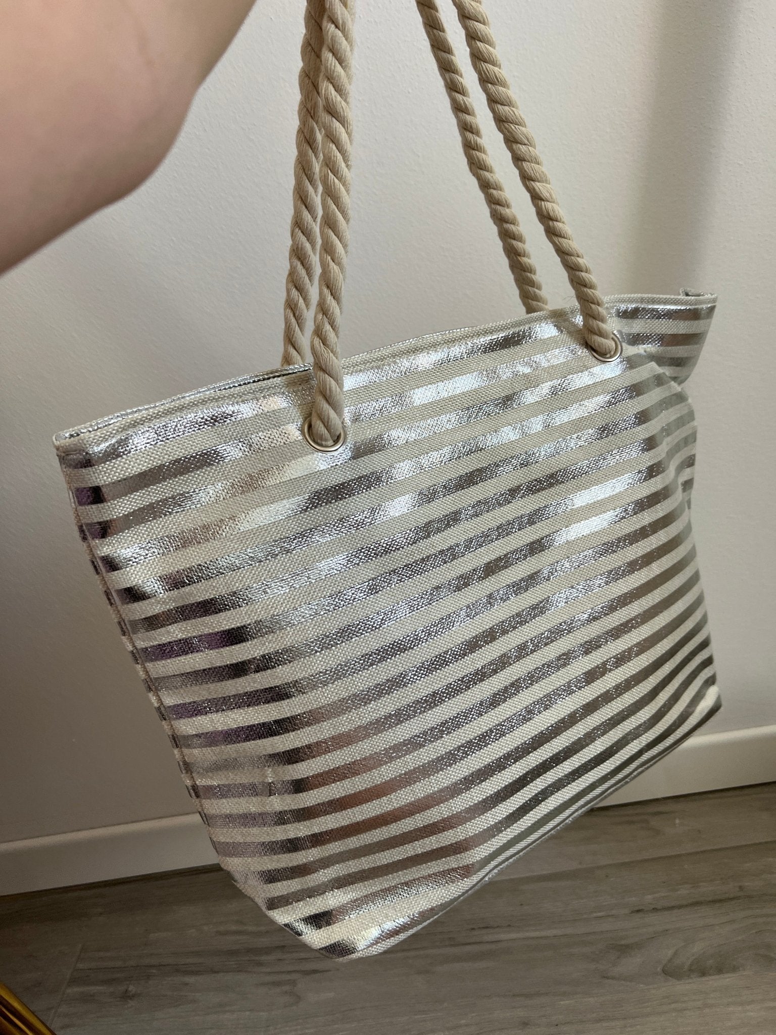 Borsa mare a righe argento con manici in corda - Follie by Alice