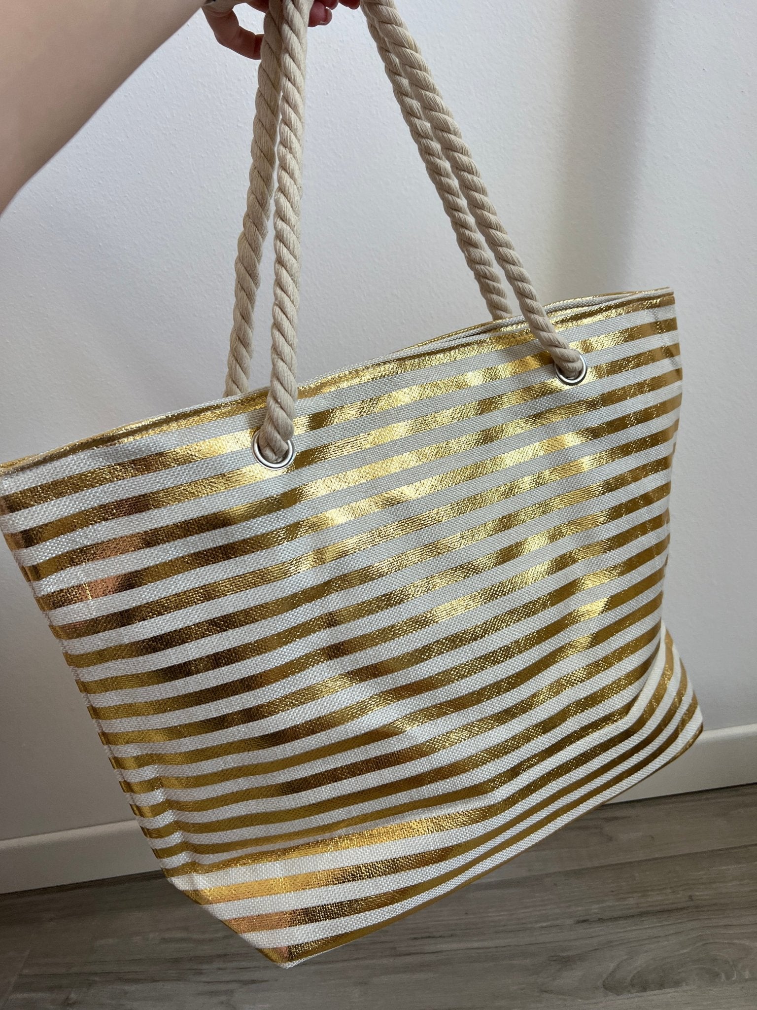 Borsa mare a righe oro con manici in corda - Follie by Alice