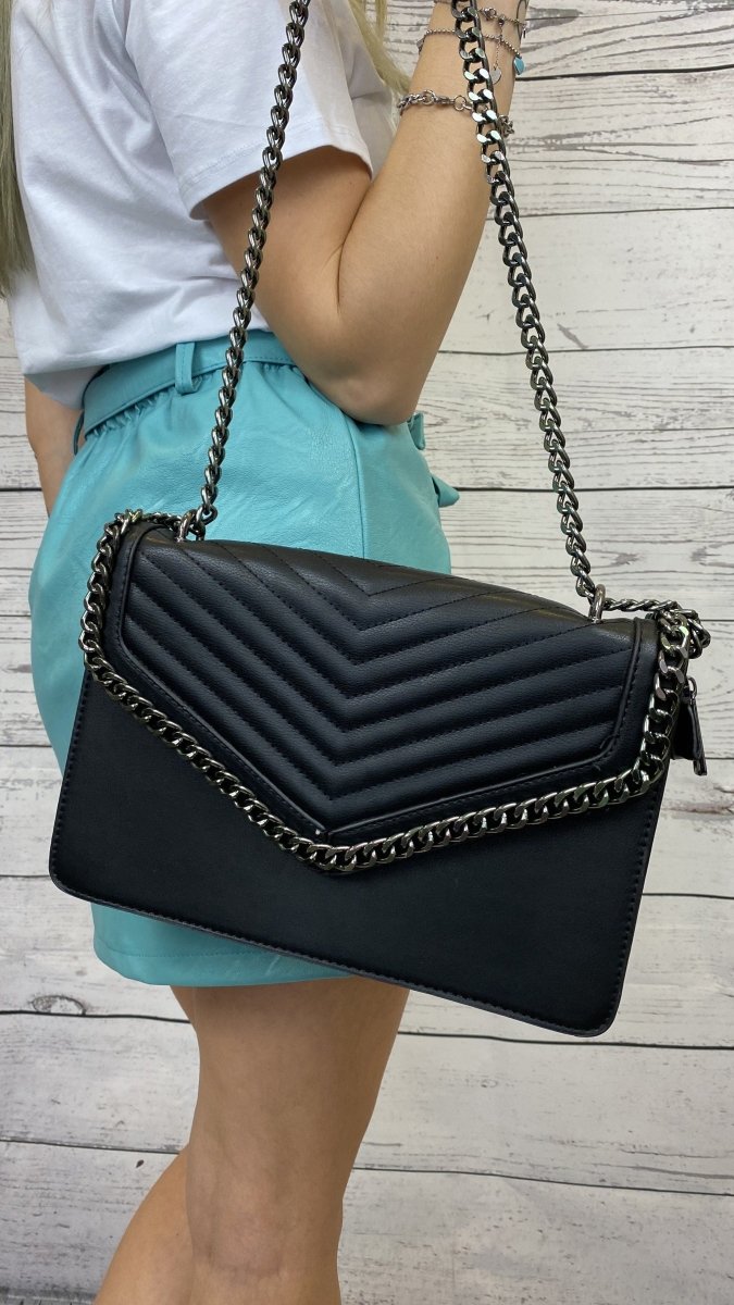 Borsa nera con tracolla in metallo e dettagli argento - Follie by Alice