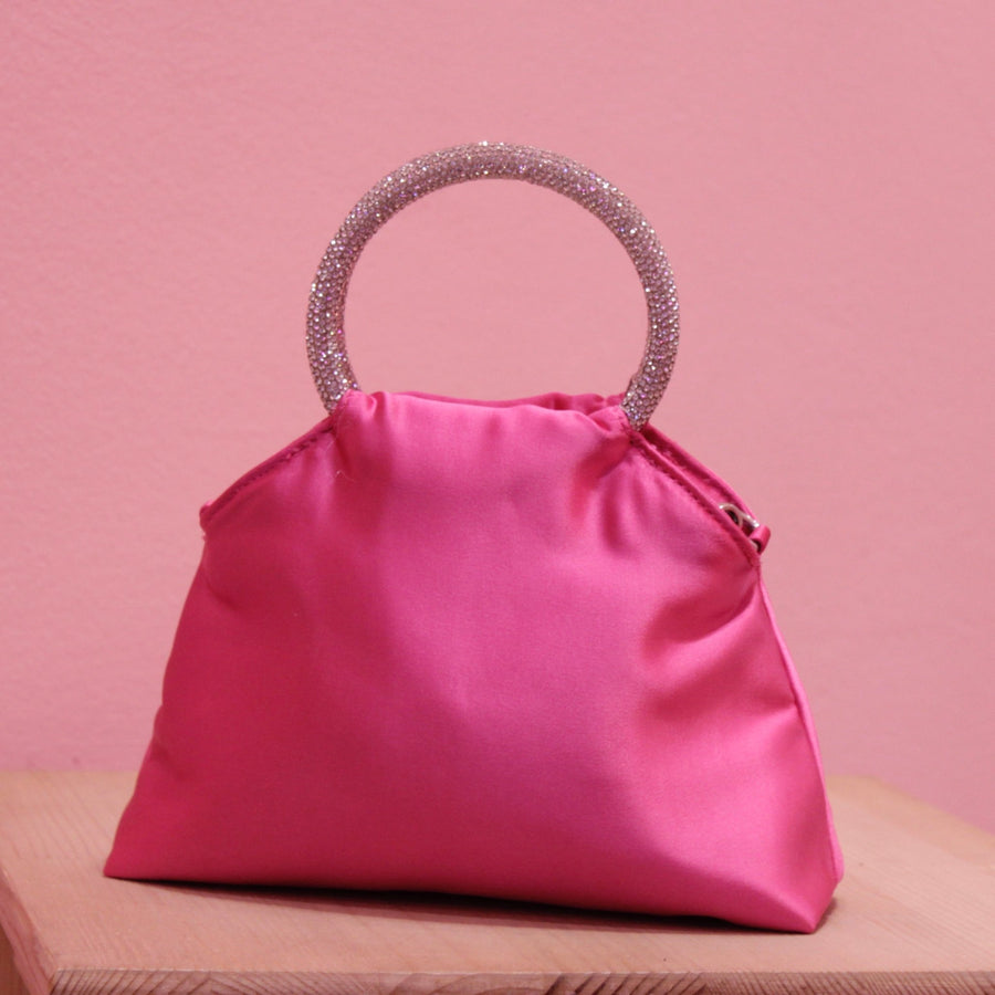 Borsa puffer in raso fucsia con manici gioiello – alternate