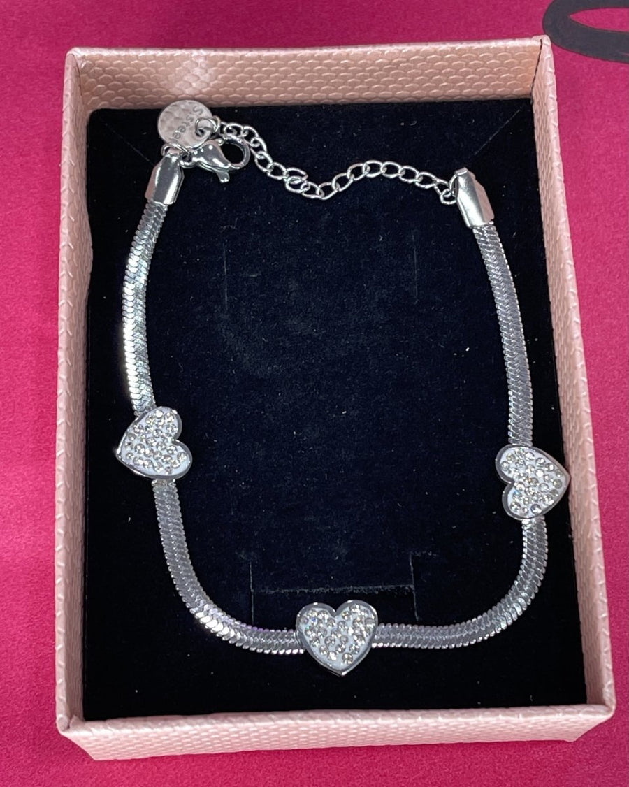 Braccialetto argento con cuoricini e strass