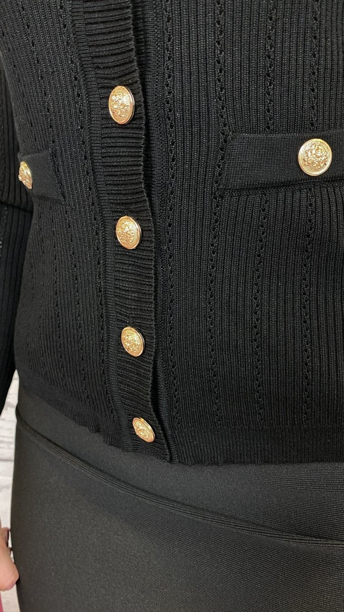 Cardigan nero a costine con bottoni oro - Follie by Alice