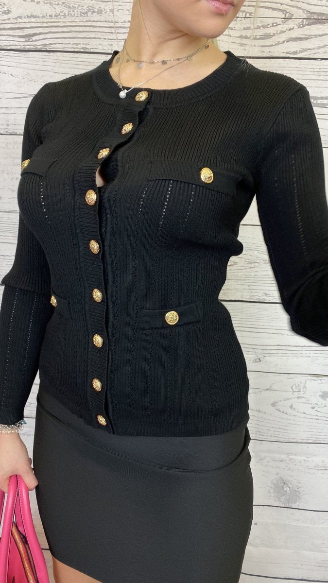 Cardigan nero a costine con bottoni oro - Follie by Alice