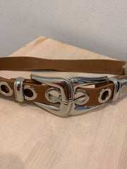 Cintura marrone con elastico e doppia fibbia western argento - Follie by Alice