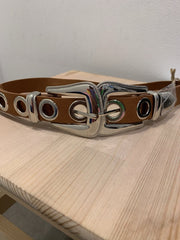 Cintura marrone con elastico e doppia fibbia western argento - Follie by Alice