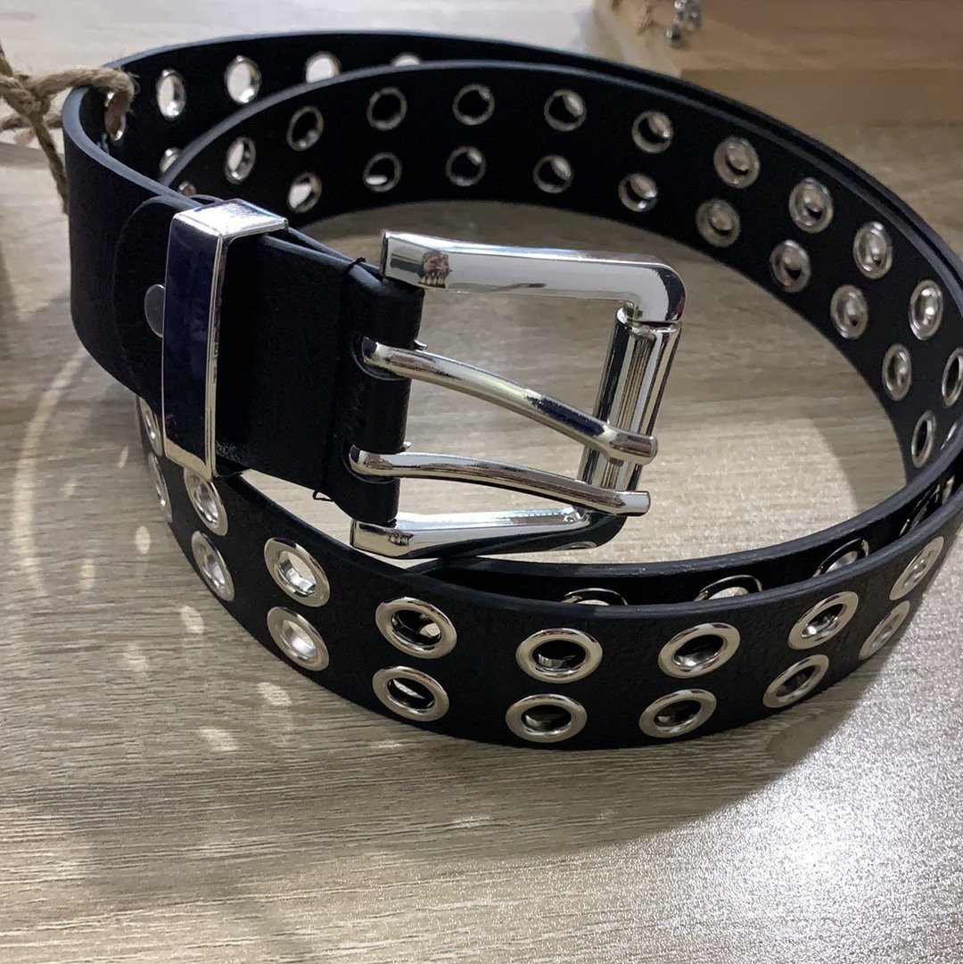 Cintura nera a striscia doppia con occhielli e fibbia argento - Follie by Alice