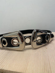 Cintura nera con elastico e doppia fibbia western argento - Follie by Alice