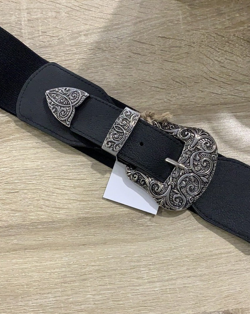 Cintura nera con elastico e fibbia western argento - Follie by Alice