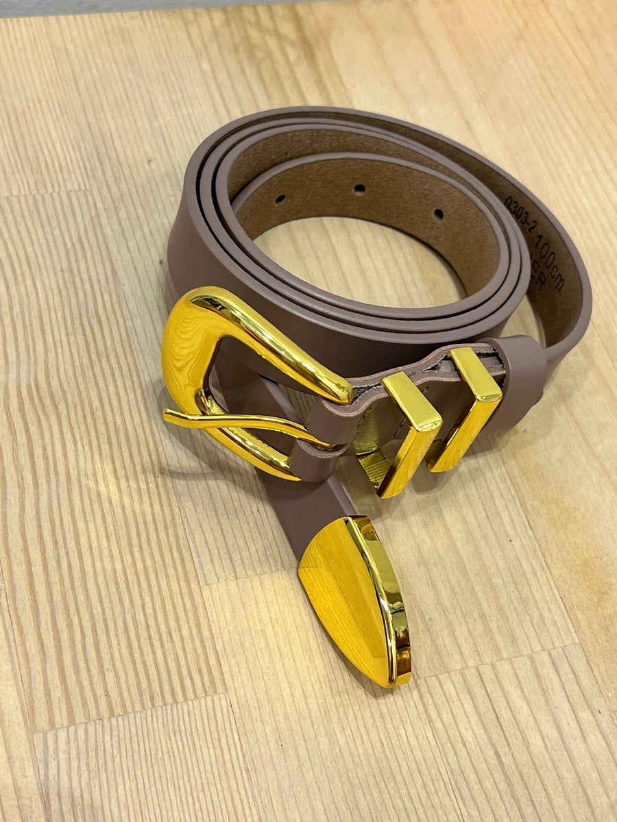 Cintura taupe in pelle con fibbia dorata – alternate